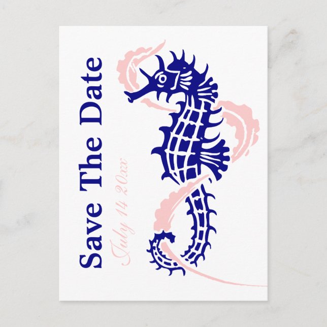 Seahorse navy blue, pink wedding Save the Date Announcement Postcard (Front)