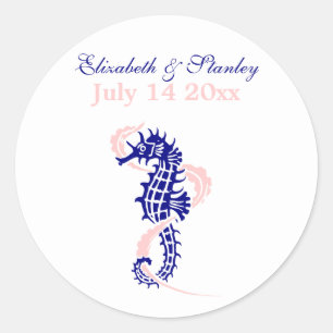 Seahorse navy blue, pink wedding Save the Date Classic Round Sticker