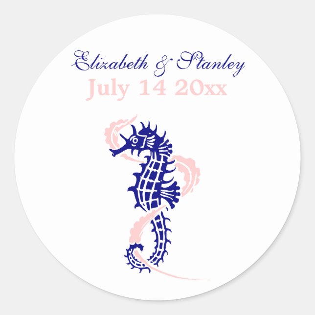 Seahorse navy blue, pink wedding Save the Date Classic Round Sticker (Front)