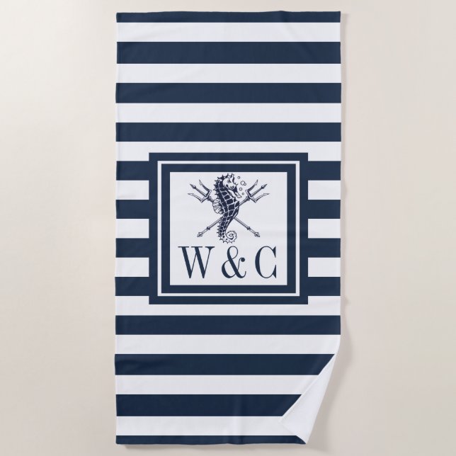 Seahorse Navy Blue Stripe Nautical Monogram Beach  Beach Towel (Front)