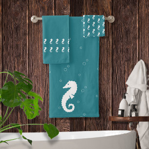 Seahorse Ocean Teal blue and white Bath Towel Set