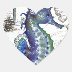 Seahorse Old Map Heart Sticker
