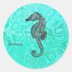 Seahorse on Aqua Splash Turquoise Marble Pattern Classic Round Sticker