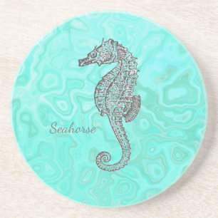 Seahorse on Aqua Splash Turquoise Marble Pattern Coaster