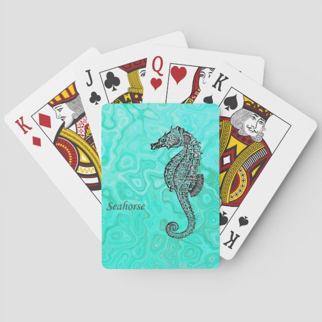 Seahorse on Aqua Splash Turquoise Marble Pattern Playing Cards (Back)