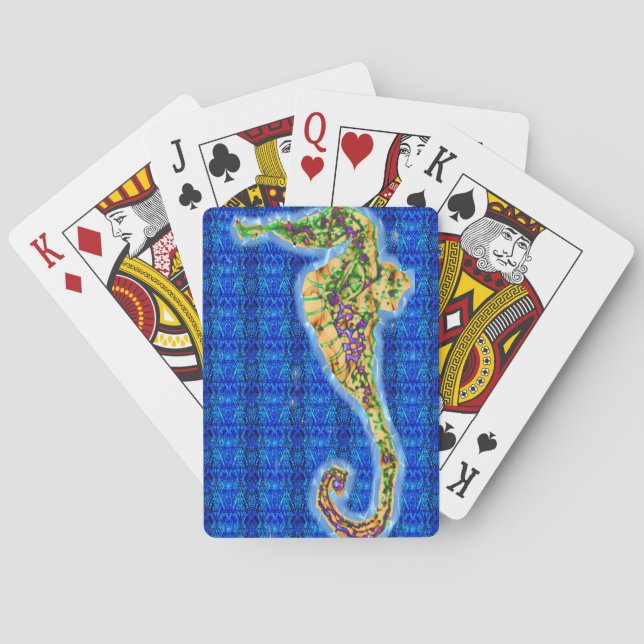 Seahorse on Blue Pattern Playing Cards (Back)