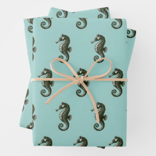 Seahorse on Blue Wrapping Paper Sheet