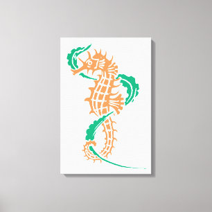 Seahorse orange, emeral green and seaweed canvas print