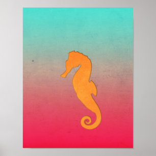 Seahorse orange silhouette Simple nautical beach Poster
