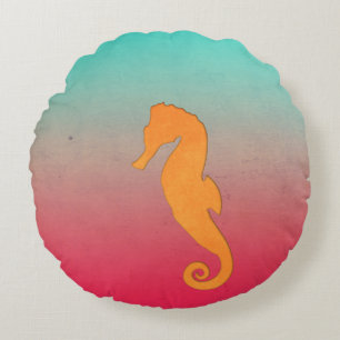 Seahorse orange silhouette Simple Nautical Round Cushion