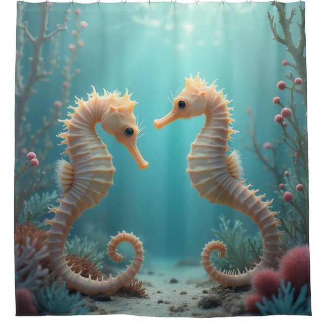 seahorse pair in coral reef bath and beauty shower curtain (Front)