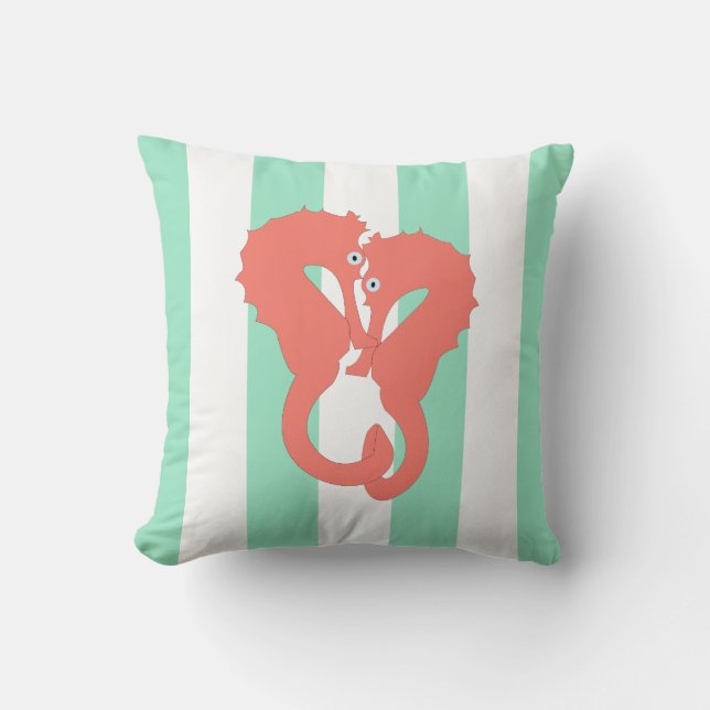 Seahorse Pair on Seafoam Green Stripes Cushion (Front)