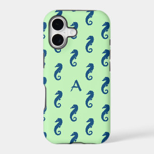 Seahorse Pattern in Mint Green & Navy Monogram