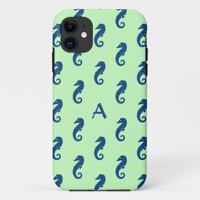Seahorse Pattern in Mint Green & Navy Monogram Case-Mate iPhone Case (Back)