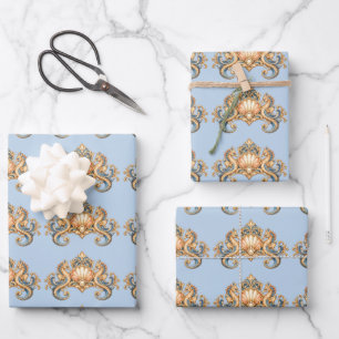 Seahorse pattern pastel blue orange nautical wrapping paper sheet