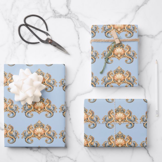 Seahorse pattern pastel blue orange nautical wrapping paper sheet (Front)
