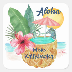 Seahorse Pineapple Mele Kalikimaka Beach Christmas Square Sticker