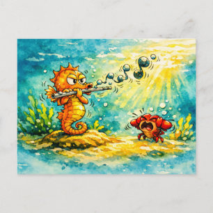 Seahorse playing flute cartoon   postcard