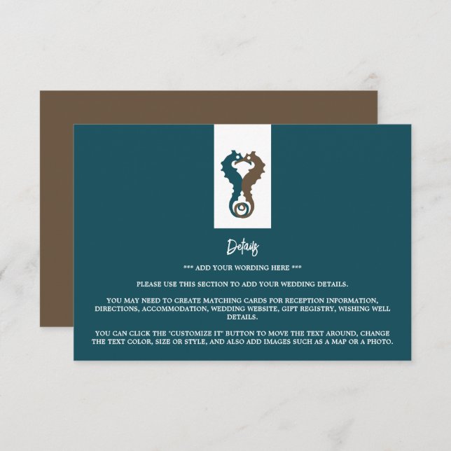 Seahorse Romance, Beach Wedding Detail Enclosure Card (Front/Back)