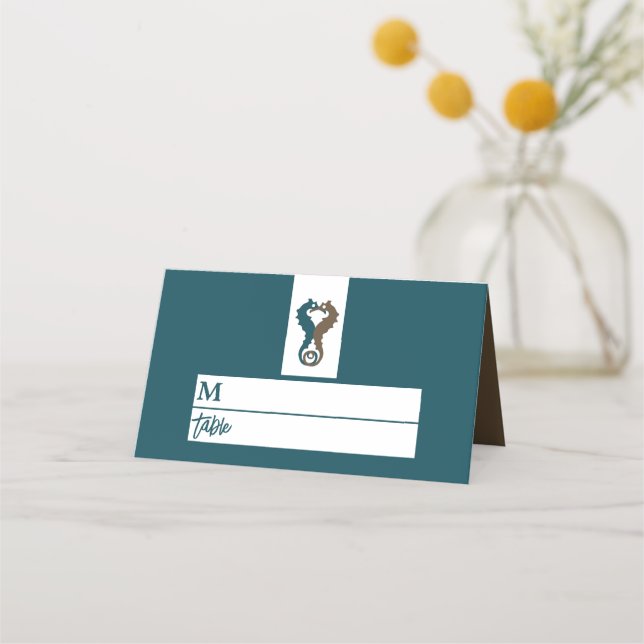 Seahorse Romance, Beach Wedding Place Card (Front)