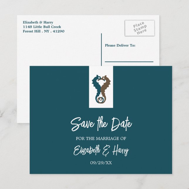 Seahorse Romance, Beach Wedding Save The Date Postcard (Front/Back)