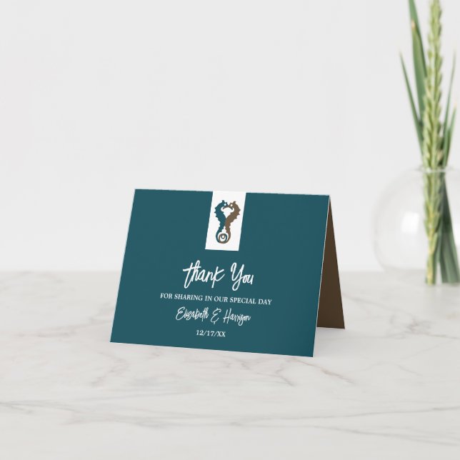 Seahorse Romance, Beach Wedding Thank You Card (Front)