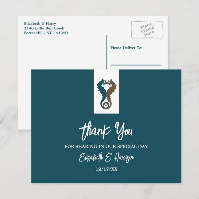 Seahorse Romance, Beach Wedding Thank You Postcard (Front/Back)