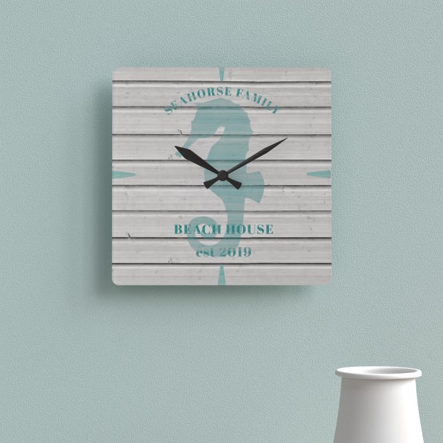 Seahorse Rustic Family Beach House Wood Look Square Wall Clock (A rustic seahorse clock with space for your family name, beach house and year established)