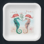 Seahorse Santa Coastal Christmas Kiss Beach Paper Plate<br><div class="desc">Coastal theme Christmas paper plates feature a watercolor seahorse couple on the beach wearing Santa hats and kissing under mistletoe. Visit my "Seahorse Coastal Christmas Kiss" collection for coordinating invitations,  cards,  party supplies,  decor and more. Art by KL Stock.</div>