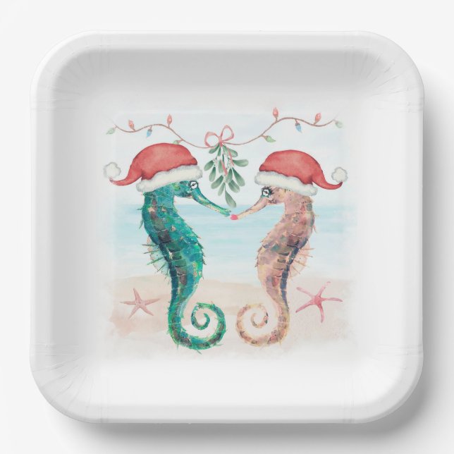 Seahorse Santa Coastal Christmas Kiss Beach Paper Plate (Front)