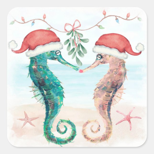 Seahorse Santa Coastal Christmas Kiss Beach  Square Sticker (Front)