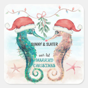 Seahorse Santa Our First Married Christmas Square Sticker