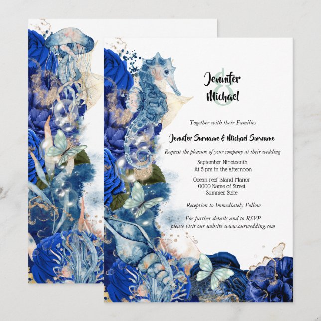 Seahorse sea shell blue orange butterfly chic invitation (Front/Back)