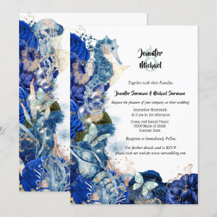 Seahorse sea shell blue orange butterfly chic invitation