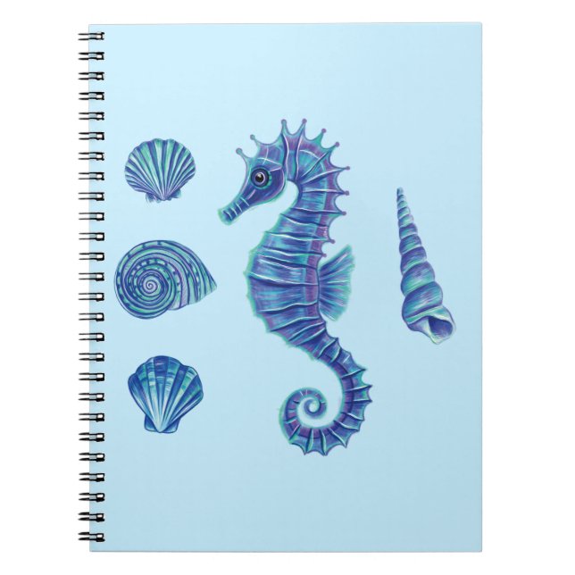 Seahorse & Sea Shells (Blue & Turquoise) Notebook (Front)