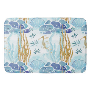 Seahorse Seashells Gold Glitter Blue Ocean Bath Mat