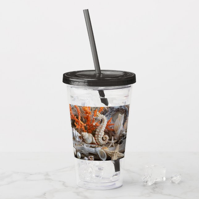 Seahorse Seashells Starfish Pearls Beach Acrylic Tumbler (Front Ice)