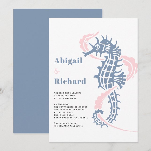 Seahorse, seaweed dusty blue, blush beach wedding invitation (Front/Back)