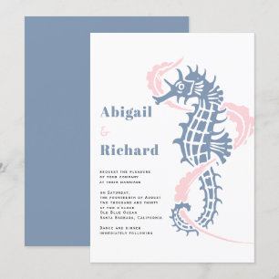 Seahorse, seaweed dusty blue, blush beach wedding invitation