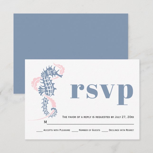 Seahorse, seaweed dusty blue, blush beach wedding RSVP card (Front/Back)