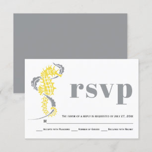 Seahorse, seaweed grey and yellow beach wedding RSVP card
