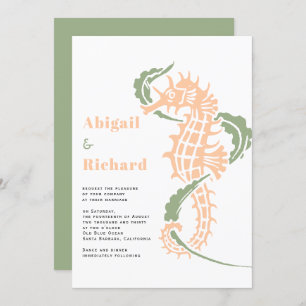 Seahorse, seaweed peach, sage green beach wedding invitation