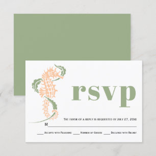 Seahorse, seaweed sage green, peach beach wedding RSVP card