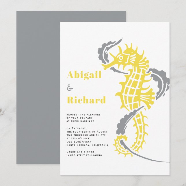 Seahorse, seaweed yellow and grey beach wedding invitation (Front/Back)