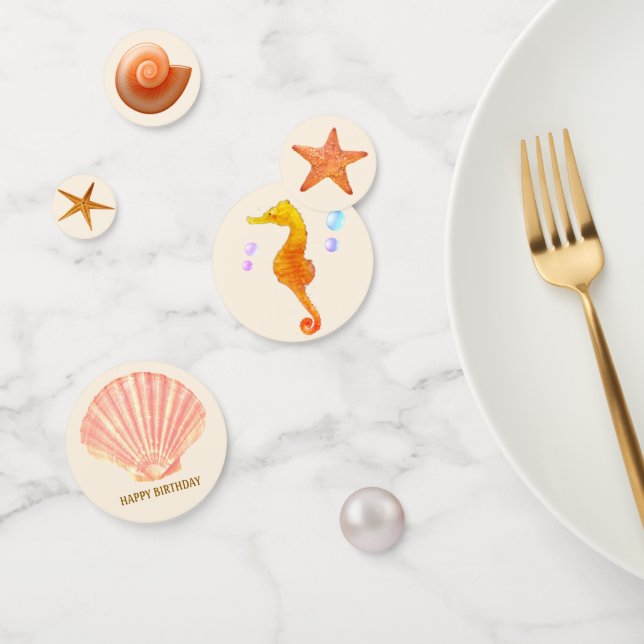 Seahorse, shells, stars & pearl on ivory table confetti (Group)