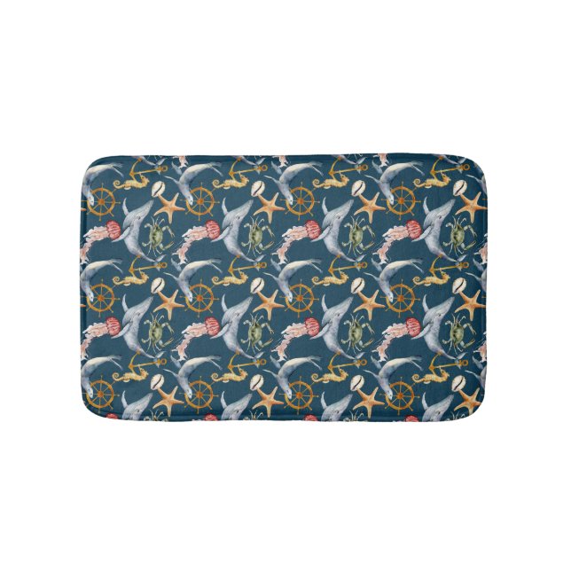 Seahorse, Ships Wheel, whales, Crab, Starfish Blue Bath Mat (Front)