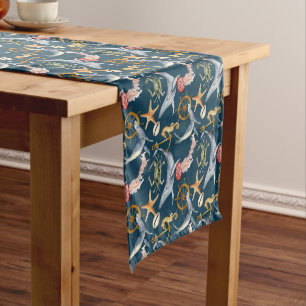 Seahorse, Ships Wheel, whales, Crab, Starfish Blue Short Table Runner