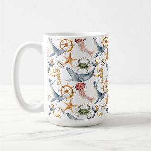 Seahorse, Ships Wheel, whales, Crab, Starfish  Coffee Mug