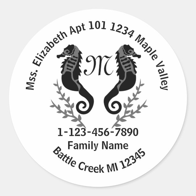 Seahorse Silhouette Monogram Family Home Address Classic Round Sticker (Front)