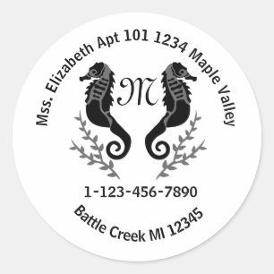 Seahorse Silhouette Monogram Phone Contact Info Ke Classic Round Sticker